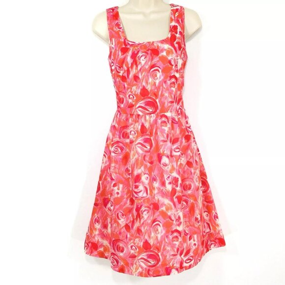 Garnet Hill Floral Dress Women’sSz 10 Watercolor Roses Pink & Red Lined Side Zip